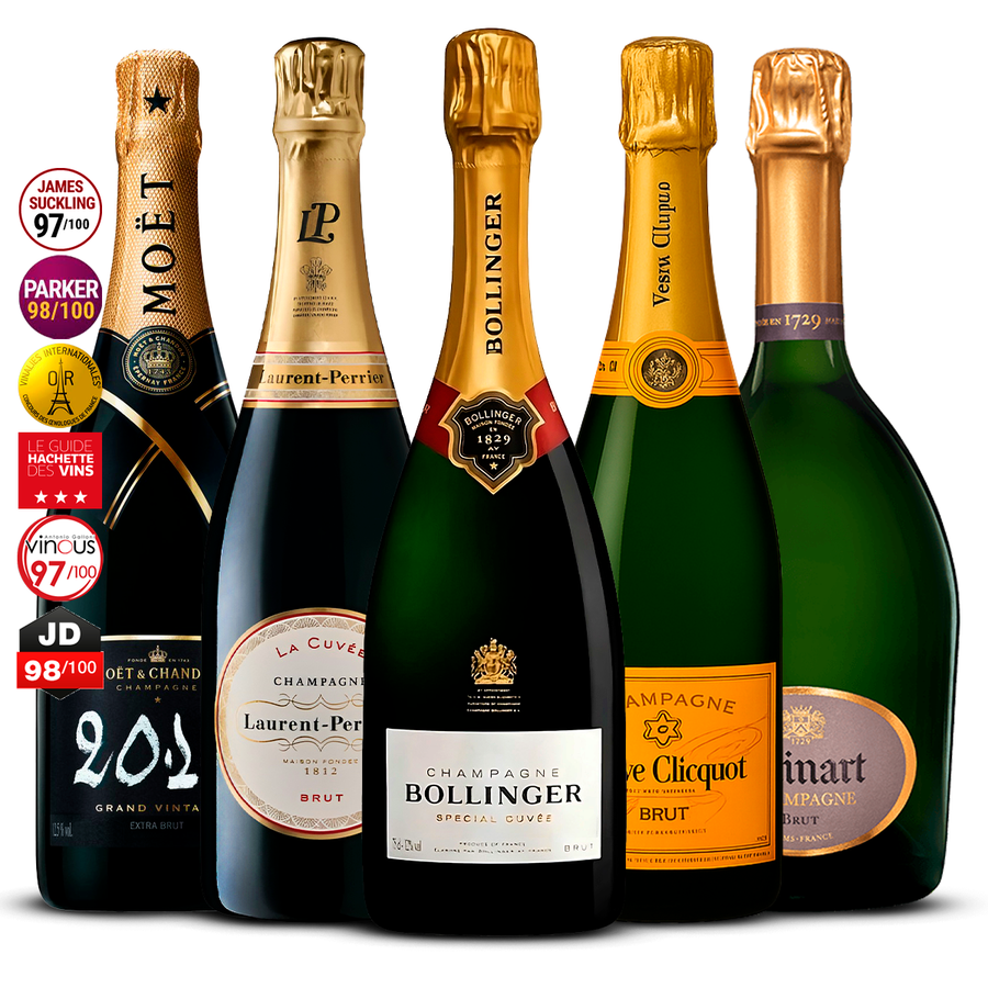 5 Champagne Set: Moët & Chandon Grand Vintage 2015, Laurent-Perrier La Cuvée Brut, Bollinger Special Cuvée, Veuve Clicquot Brut & Ruinart Brut 5x 750 ml