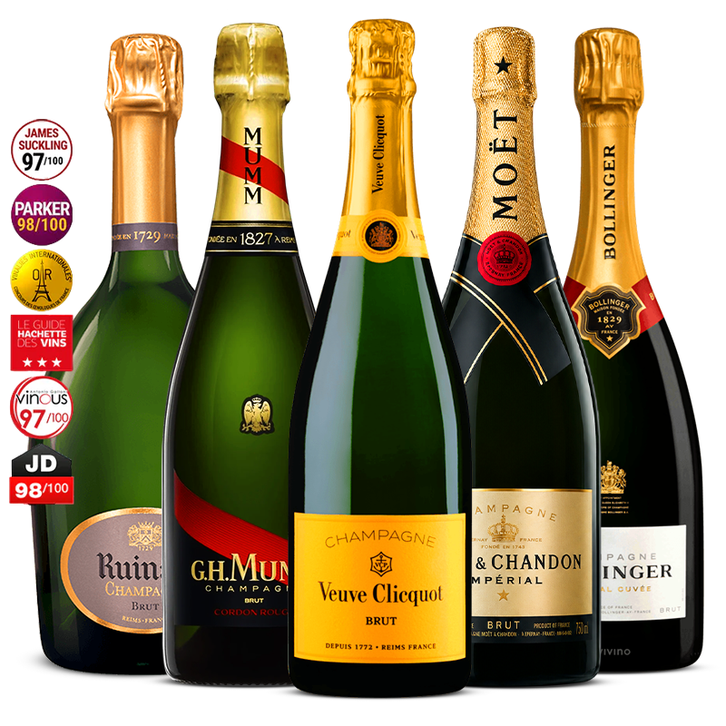 5 Champagne Set: Veuve Clicquot Brut, Moët & Chandon Impérial, Bollinger Special Cuvée, G.H. Mumm Cordon Rouge & Ruinart Brut 5x 750 ml