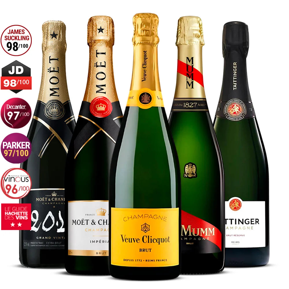 5 Champagne Set: Moët & Chandon Grand Vintage, Moët & Chandon Impérial, Veuve Clicquot Brut, G.H. Mumm Brut & Taittinger Brut Réserve 5x 750 ml
